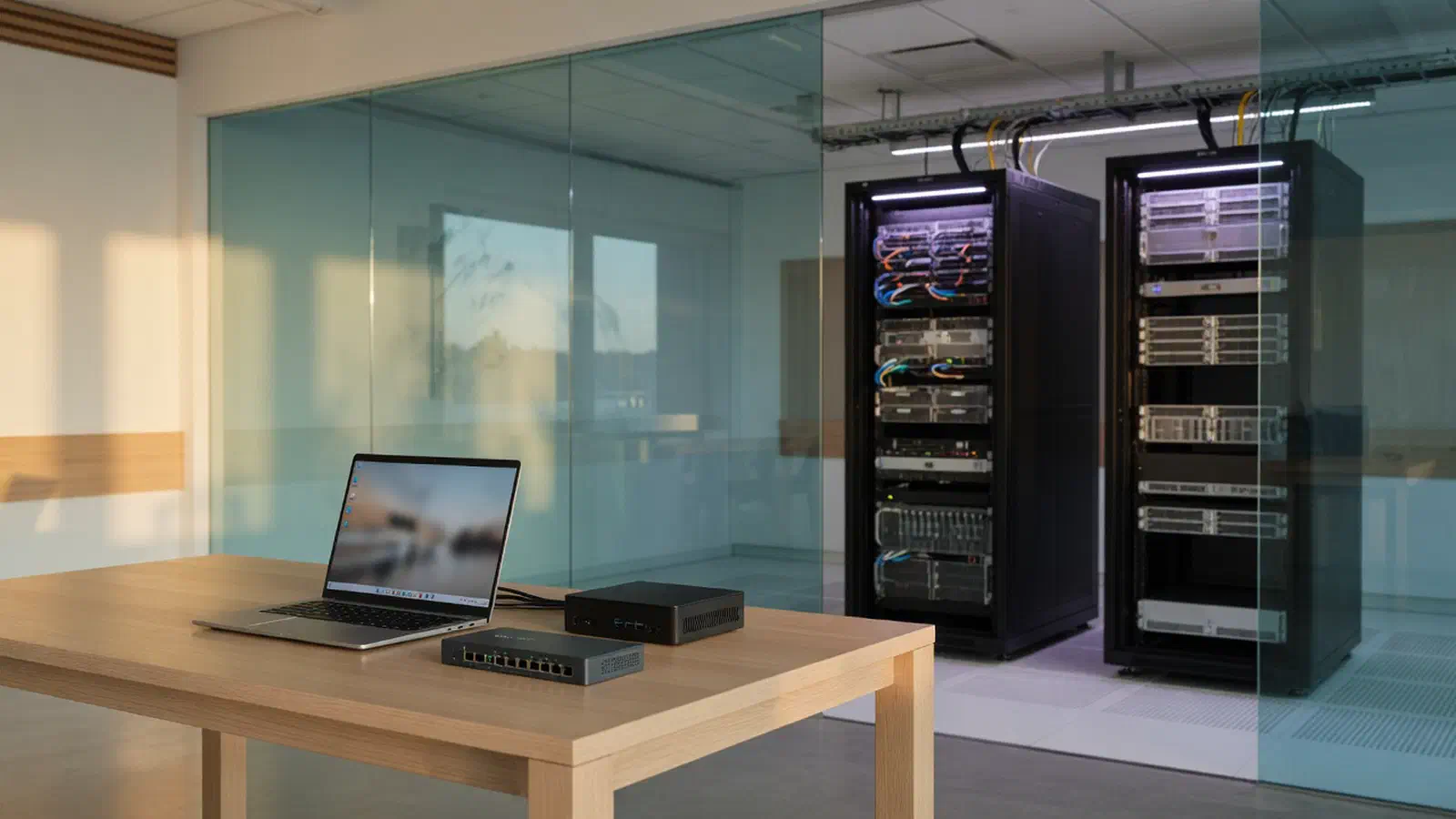Business laptop, mini PC, and a switch on a desk in front of a server room